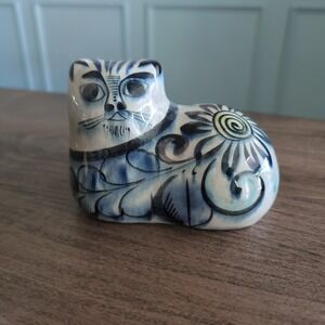 Tonala Cat Figurine Mexico Blue Hand Painted Floral Folk Art Pottery Signed
